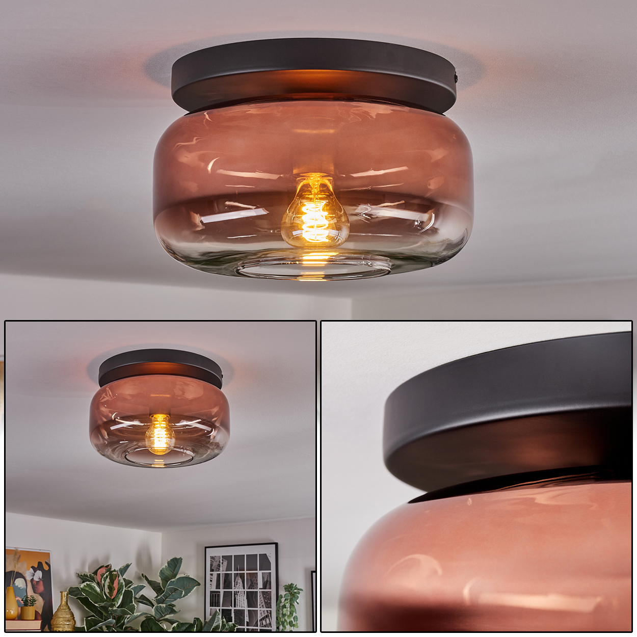 Moderne Deckenleuchte mit schwarzem Sockel und rosabraunem Glasschirm, der eine warme Glühbirne beleuchtet. Der Hintergrund ist eine weiße Decke.