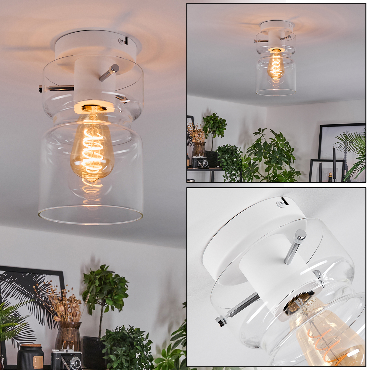 Eine weiße Deckenlampe mit klarem Glasschirm und sichtbarer Edison-Glühbirne. Im Hintergrund Pflanzen und Dekoration.