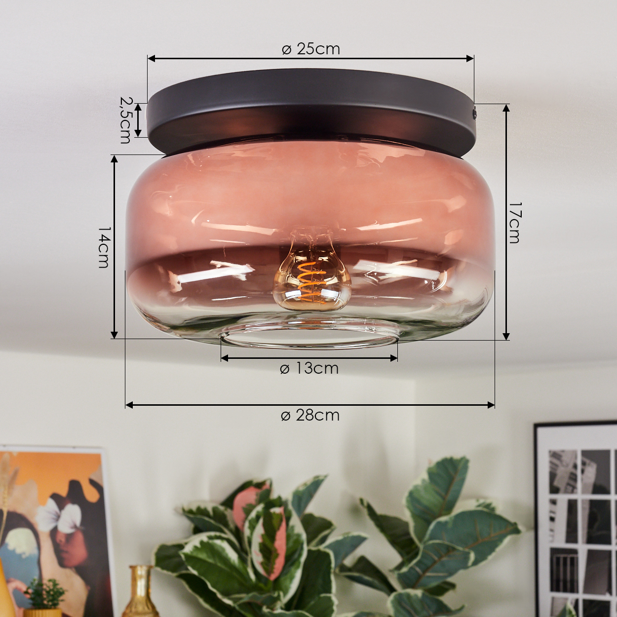 Deckenleuchte mit rosa Glasschirm und schwarzem Sockel. Maße sind angegeben. Pflanzen und Kunstwerke im Hintergrund.