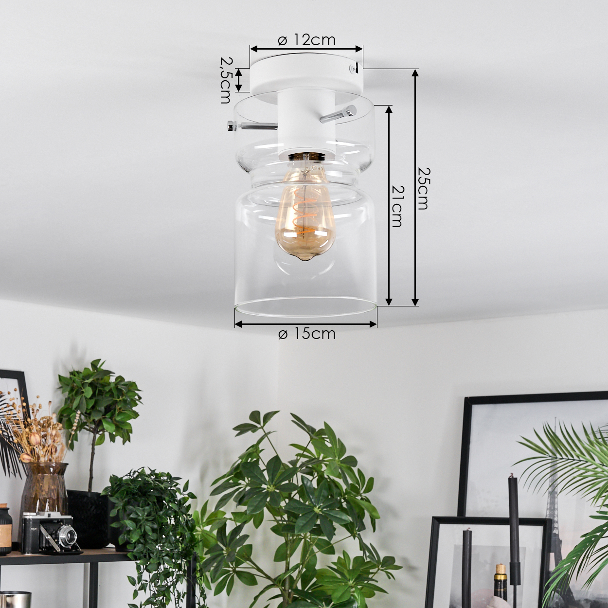 Eine weiße Deckenlampe mit Glasschirm, die eine warme Glühbirne beherbergt. Der Hintergrund umfasst Pflanzen, Rahmen und Regale.