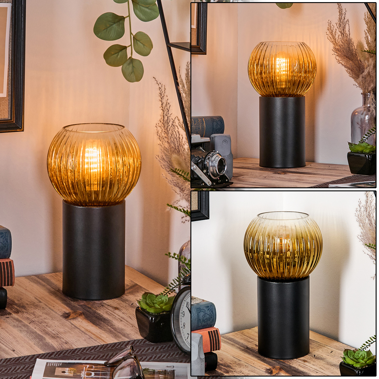 Eine dekorative Lampe mit geripptem, bernsteinfarbenem Glasschirm steht auf einem schwarzen, zylindrischen Sockel.