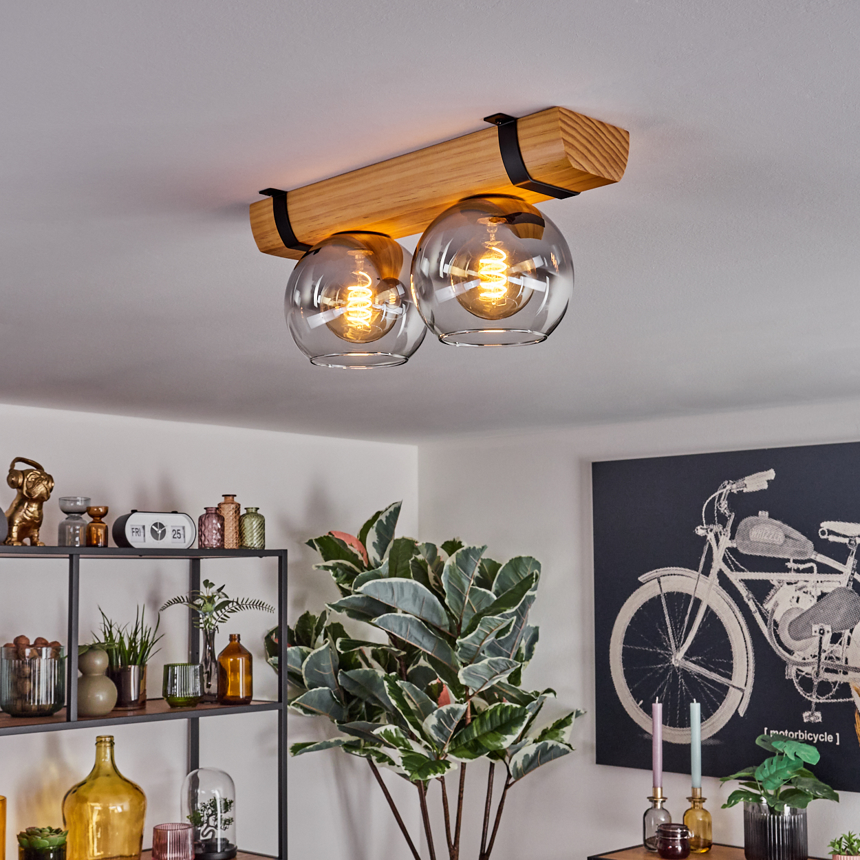 Deckenleuchte mit zwei Glaskugeln. Holzbalken darüber. Regale mit Dekoration und Pflanzen darunter. Ein Fahrradkunstdruck rechts.