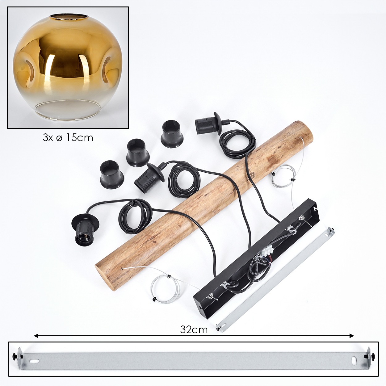 Eine zerlegte Lampe mit goldfarbenem und klarem Glasschirm, schwarzen Armaturen, Holzbalken und einer silbernen Metallstange auf weißem Untergrund.