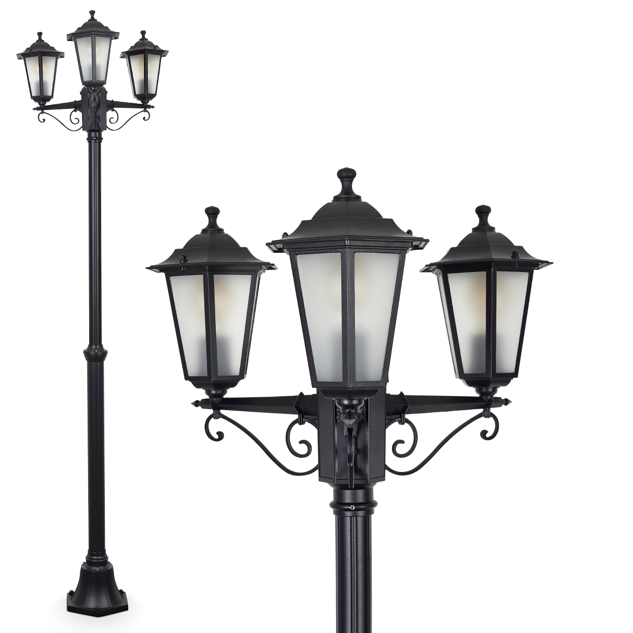 Eine schwarze Straßenlaterne mit drei Leuchten vor weißem Hintergrund.