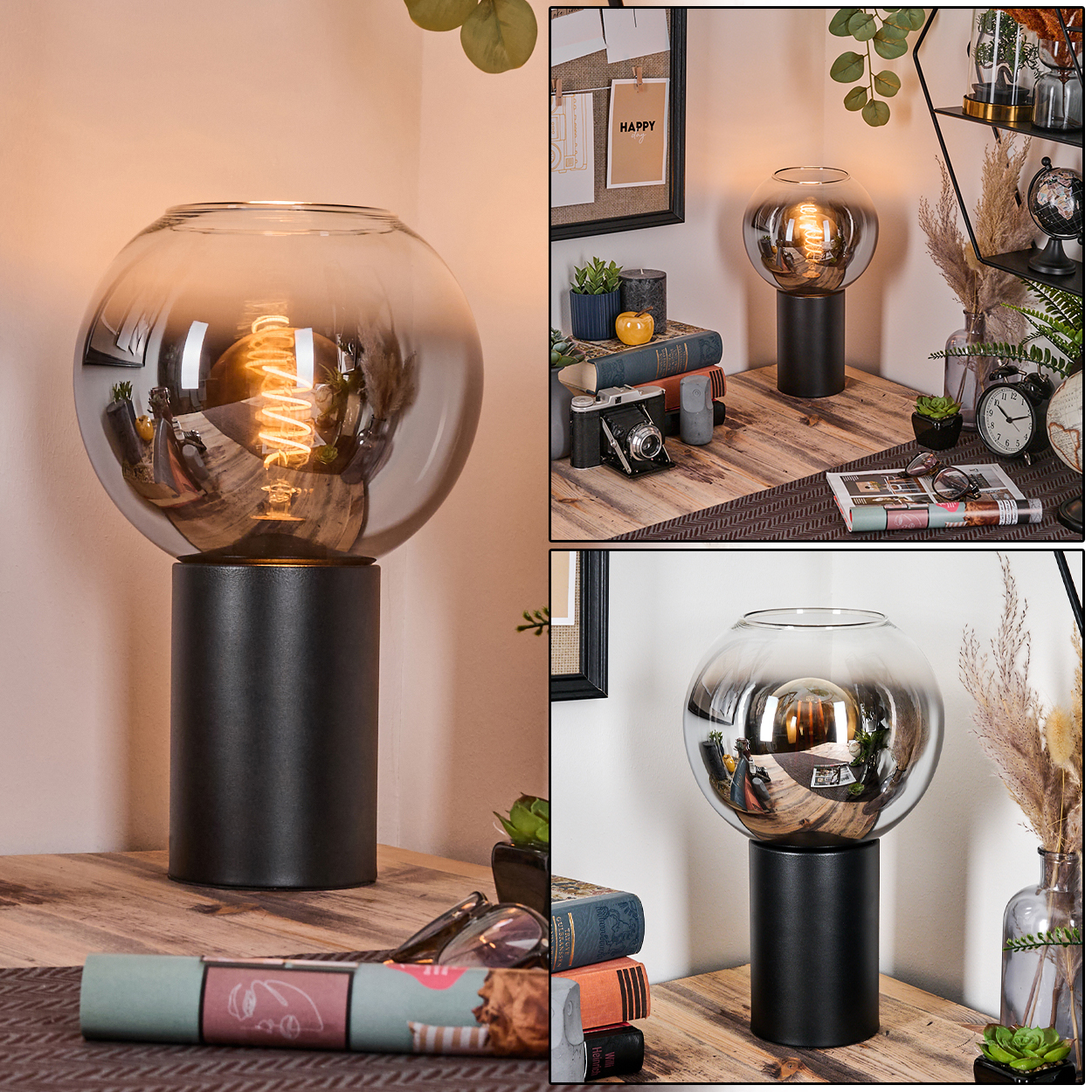 Eine moderne Lampe mit kugelförmigem Glasschirm auf schwarzem Sockel. Sie steht auf einer Holzoberfläche mit Büchern und Dekoration.