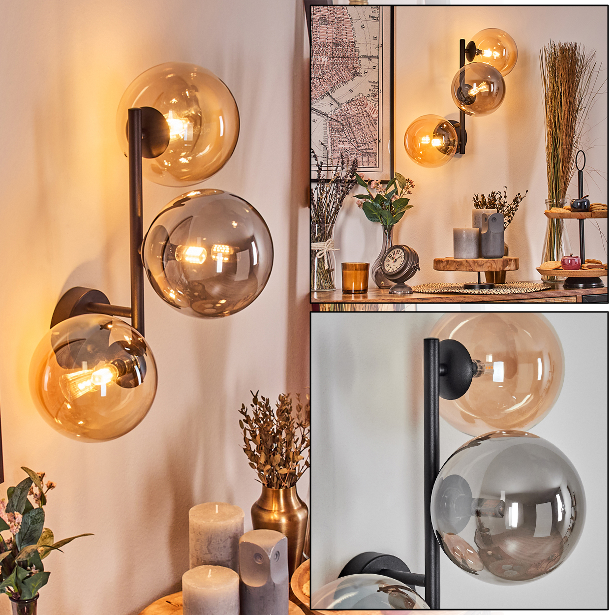 Eine moderne Wandlampe mit drei Glaskugeln. Der Hintergrund umfasst Dekorationselemente: Kerzen, Vasen, eine Karte und eine Uhr.