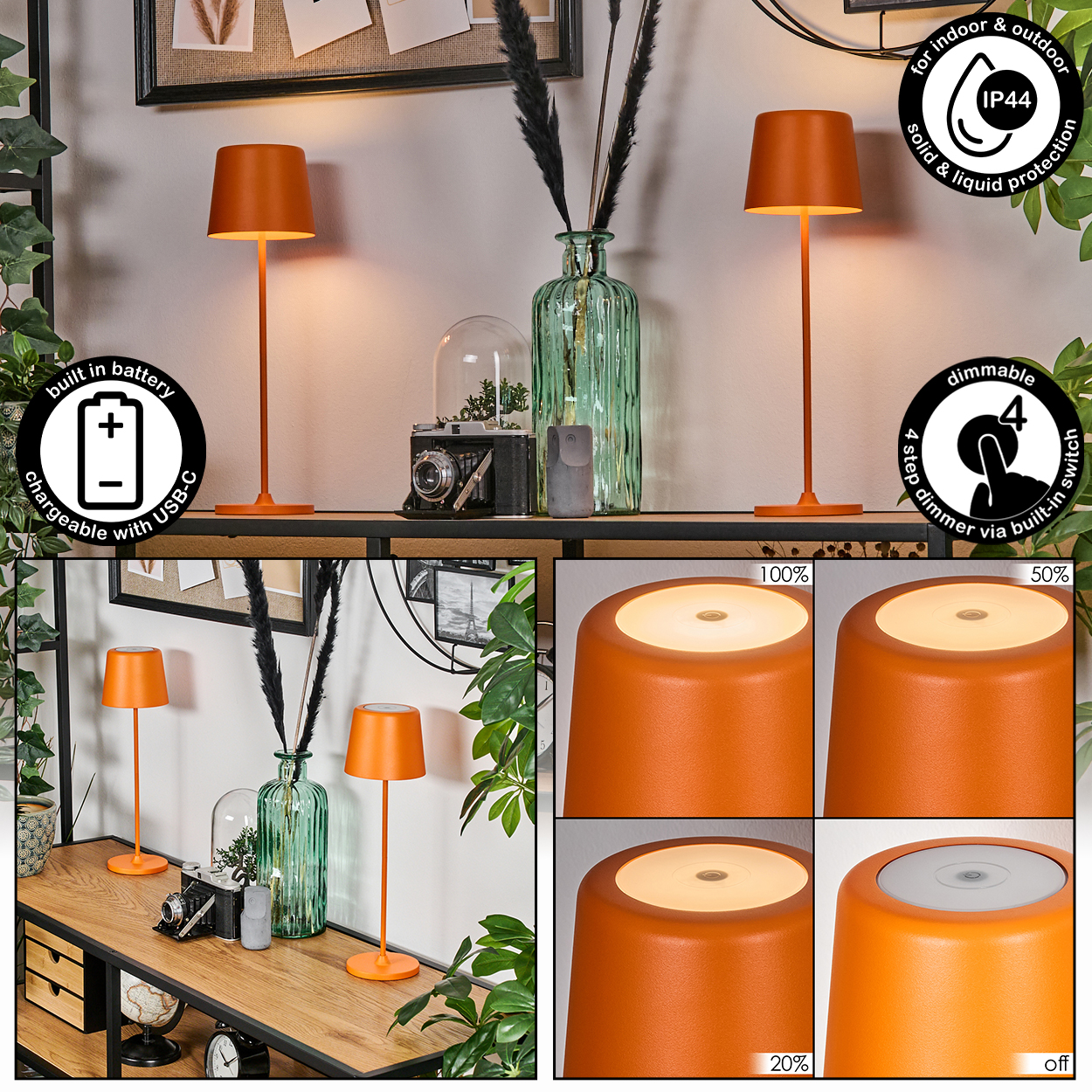 Orangefarbene Lampe auf dem Regal. Grüne Vase, Kamera und Pflanzen. Dimmbar über integrierten Schalter. Wiederaufladbar mit USB-C.