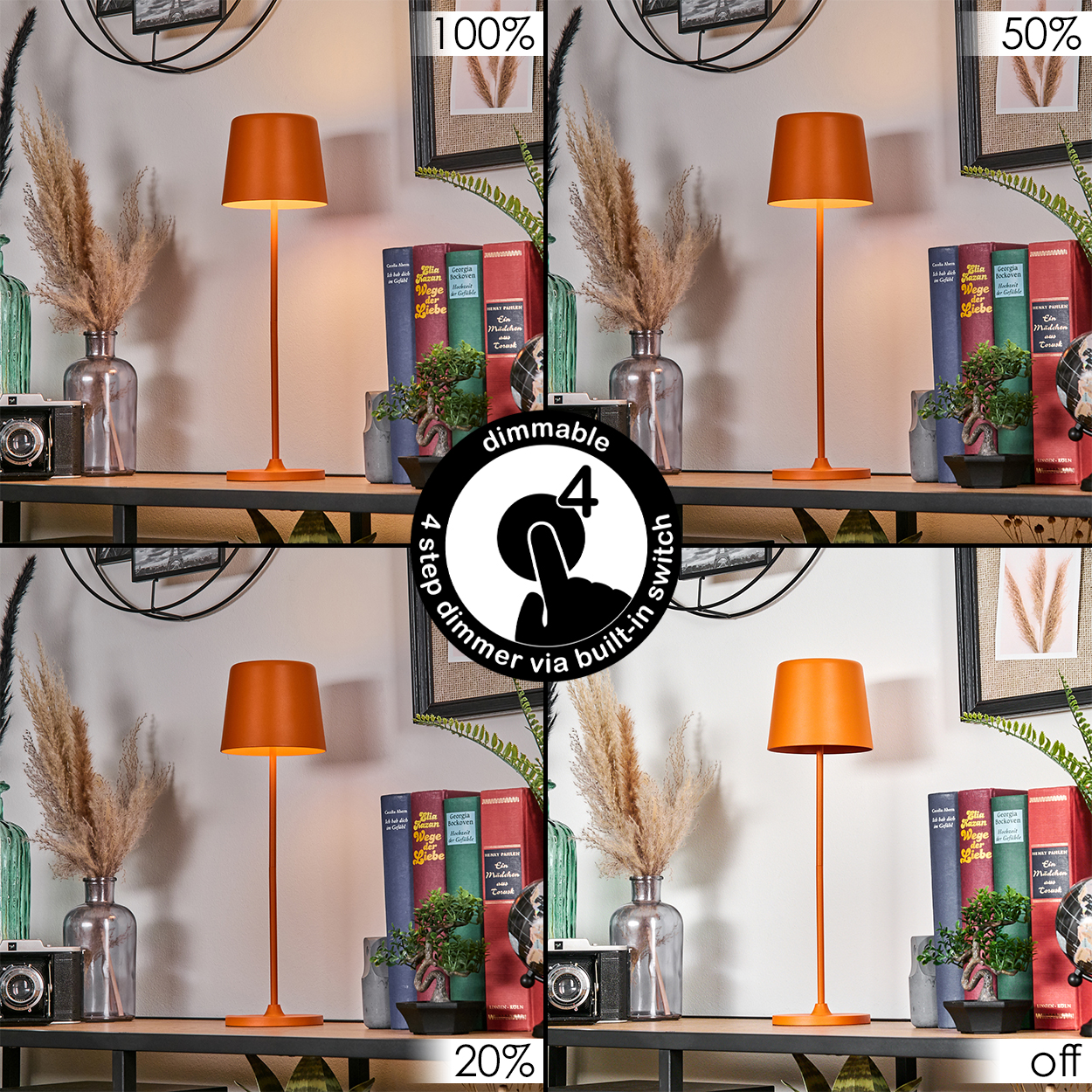 Eine orangefarbene Lampe auf einem Regal mit Büchern, Pflanzen und Vasen. Das Bild zeigt die Lampe in verschiedenen Helligkeitsstufen, mit einem Dimmschalter-Symbol.
