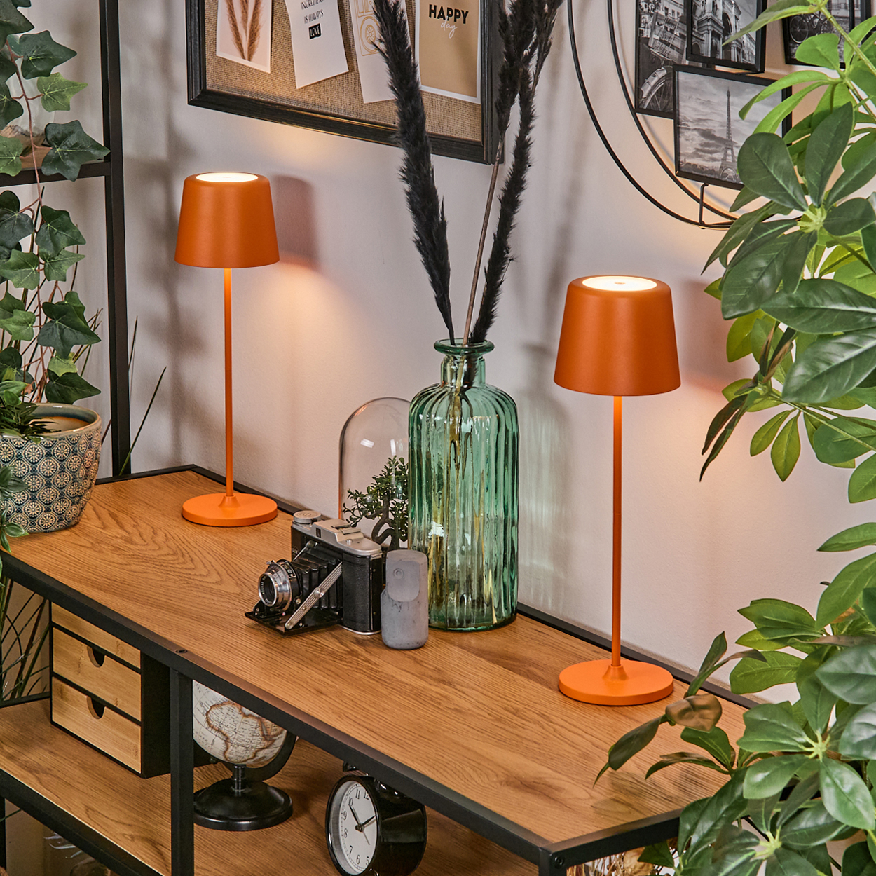Zwei orangefarbene Lampen auf einem Holztisch, mit Kamera und Vase. Pflanzen und Bilder im Hintergrund.