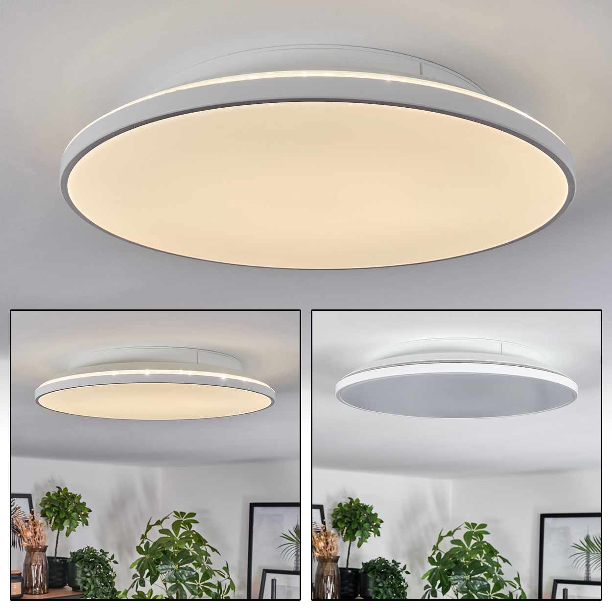 Eine moderne, runde Deckenleuchte ist zentriert. Das Licht hat einen weißen Rahmen und eine helle, kreisförmige Lichtfläche. Es gibt zwei weitere Bilder.
