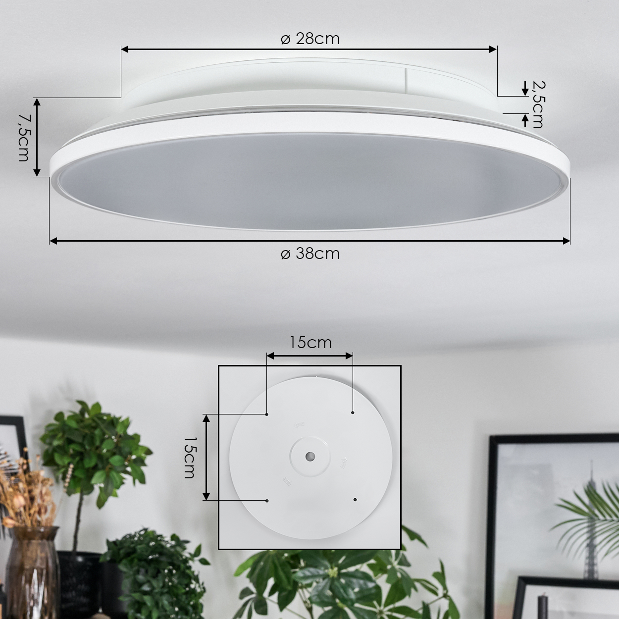 Weiße Deckenlampe mit Maßangaben. Darunter ein quadratischer Ausschnitt mit einer weißen Scheibe und Montage Details.