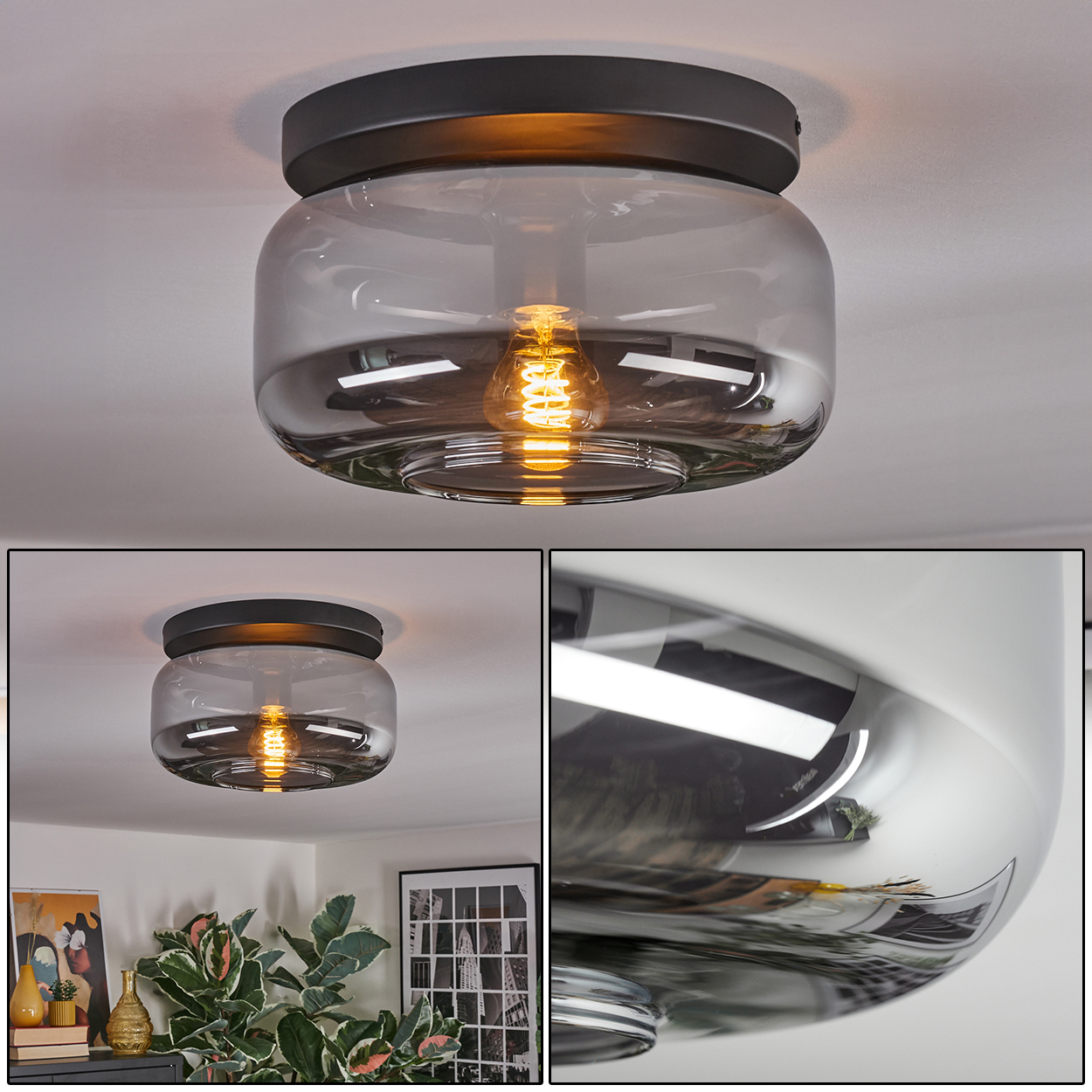 Deckenleuchte mit rauchfarbenem Glasschirm und sichtbarer Edison-Glühbirne. Der Hintergrund zeigt eine weiße Decke.