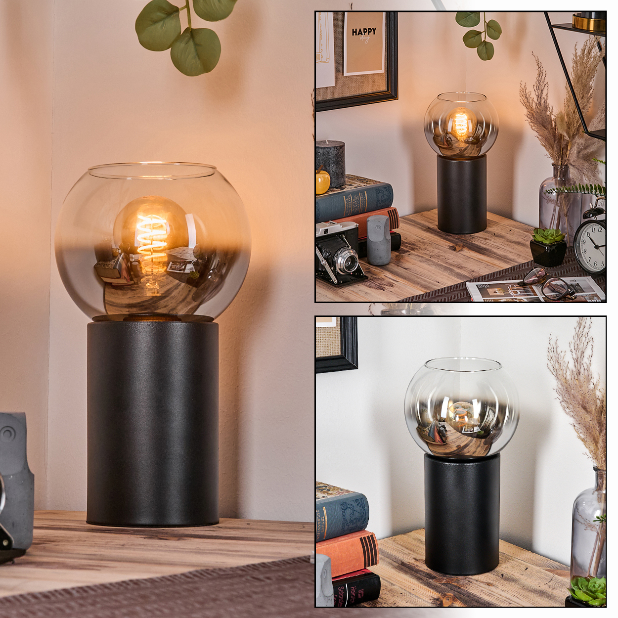 Eine dekorative Lampe mit Glaskugel und schwarzem Sockel steht auf einem Holztisch. Eine leuchtende Glühbirne scheint im Inneren der Kugel.