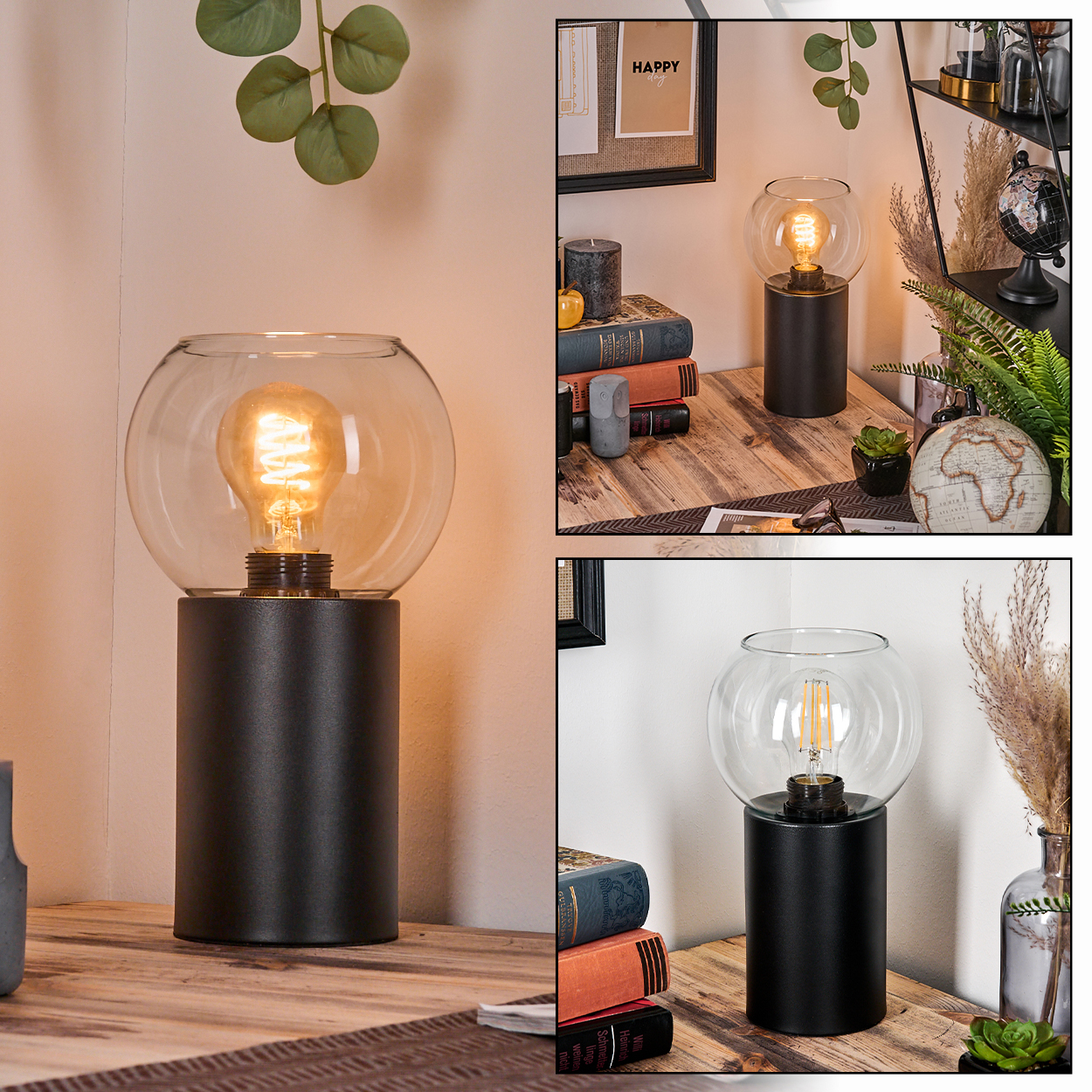 Eine moderne Lampe mit kugelförmigem Glasschirm und schwarzem zylindrischen Sockel. Die Szene umfasst Bücher, einen Globus und Dekorationen.