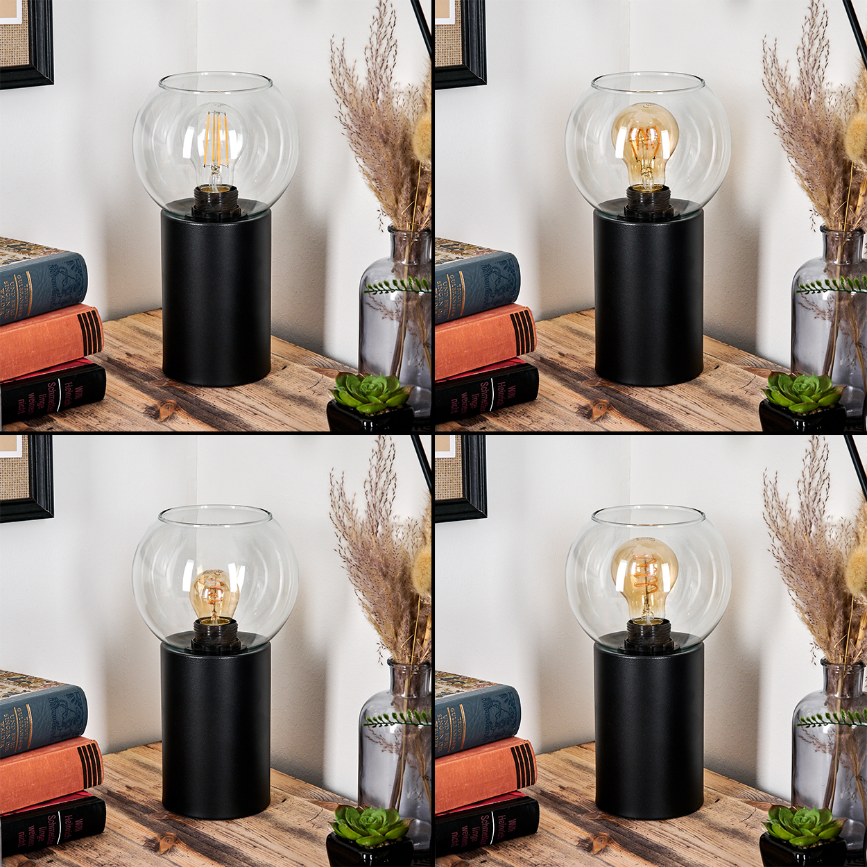 Eine moderne Lampe mit rundem Glasschirm und schwarzem Sockel auf einem Holztisch. Bücher und Pflanzen befinden sich ebenfalls auf dem Tisch.
