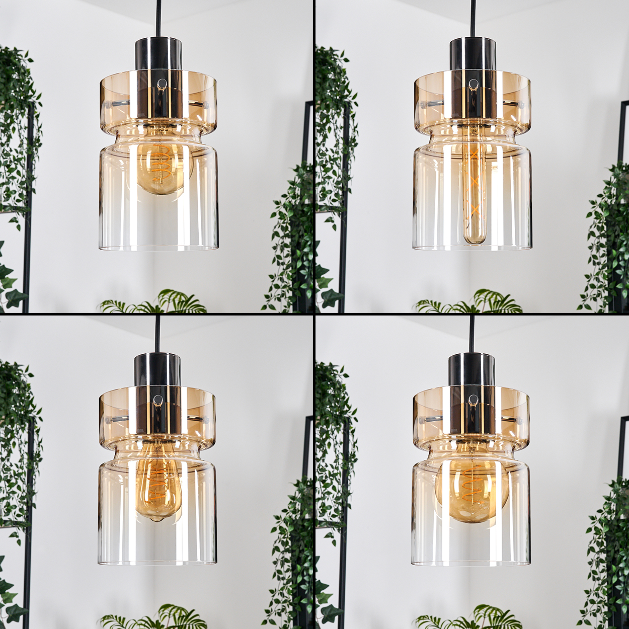 Eine moderne Pendelleuchte mit goldfarbenem und klarem Glasschirm, die vor einer weißen Wand mit grünen Pflanzen hängt.