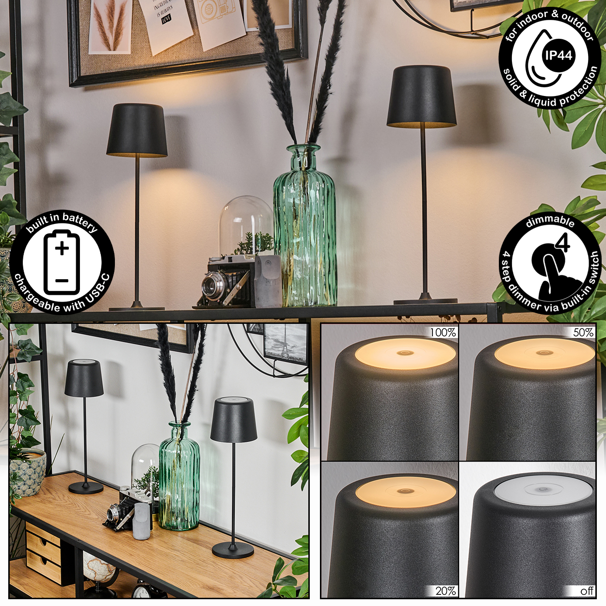 Schwarze Lampen auf einem Regal mit Dekoration. Merkmale sind dimmbare Einstellungen, USB-Aufladung und IP44-Schutz.