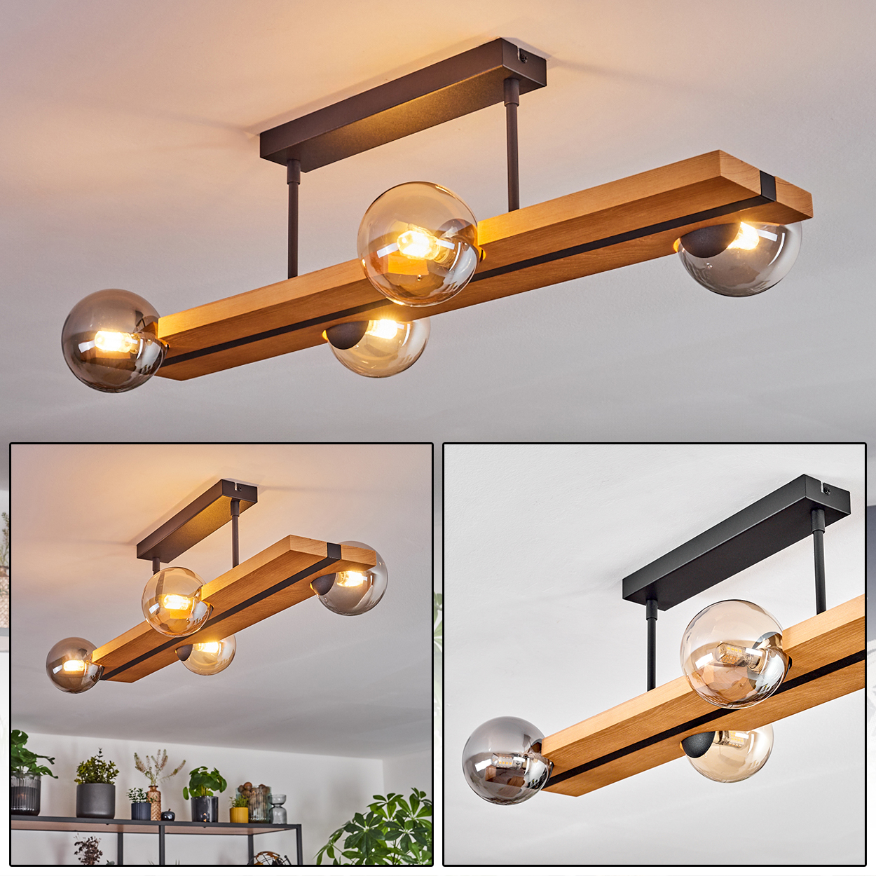 Eine moderne Deckenleuchte. Sie hat Holzbalken mit vier Glaskugellampen und eine schwarze rechteckige Basis.