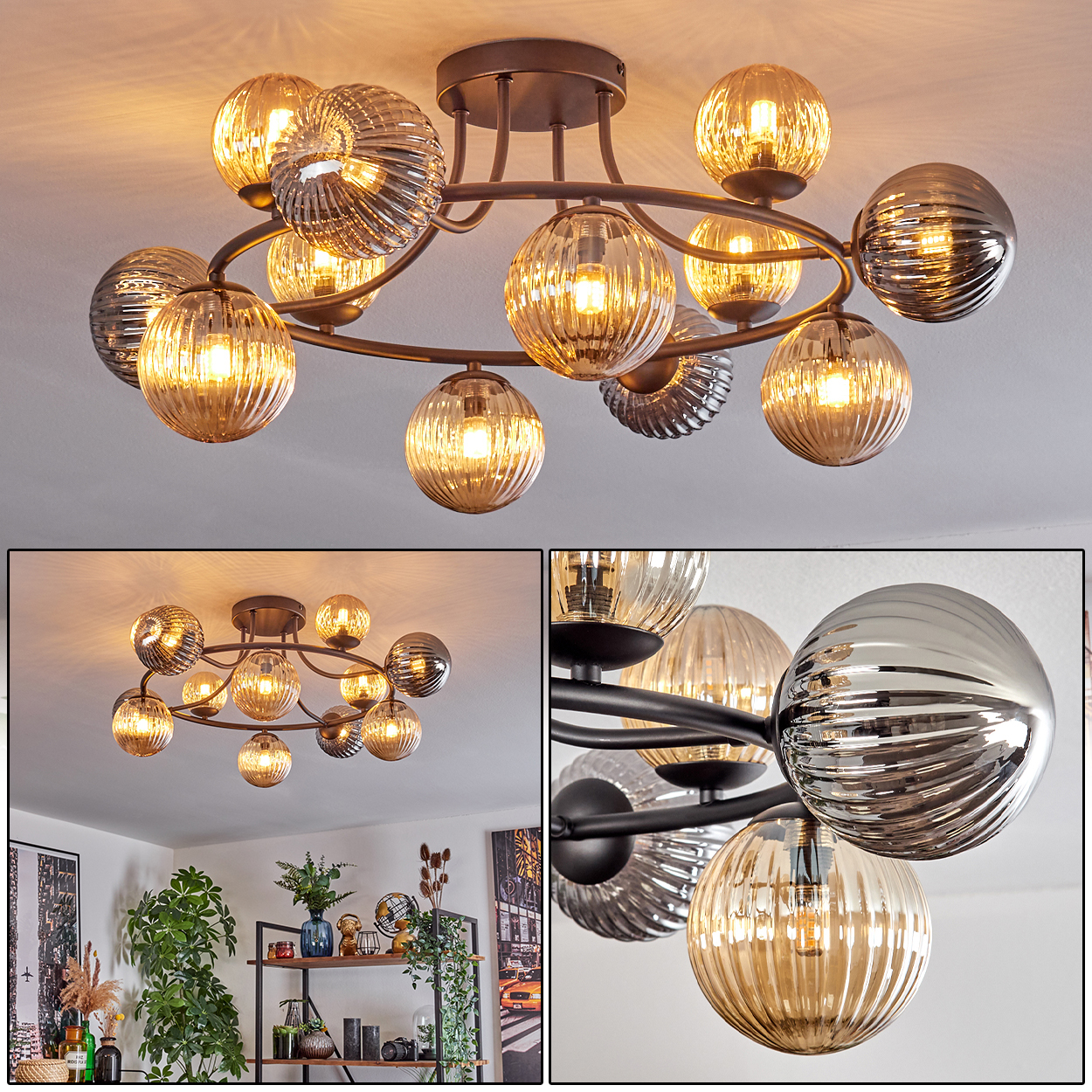 Eine moderne Deckenleuchte mit mehreren kugelförmigen Lichtern. Die Kugeln sind bernsteinfarben und silber, kreisförmig angeordnet.