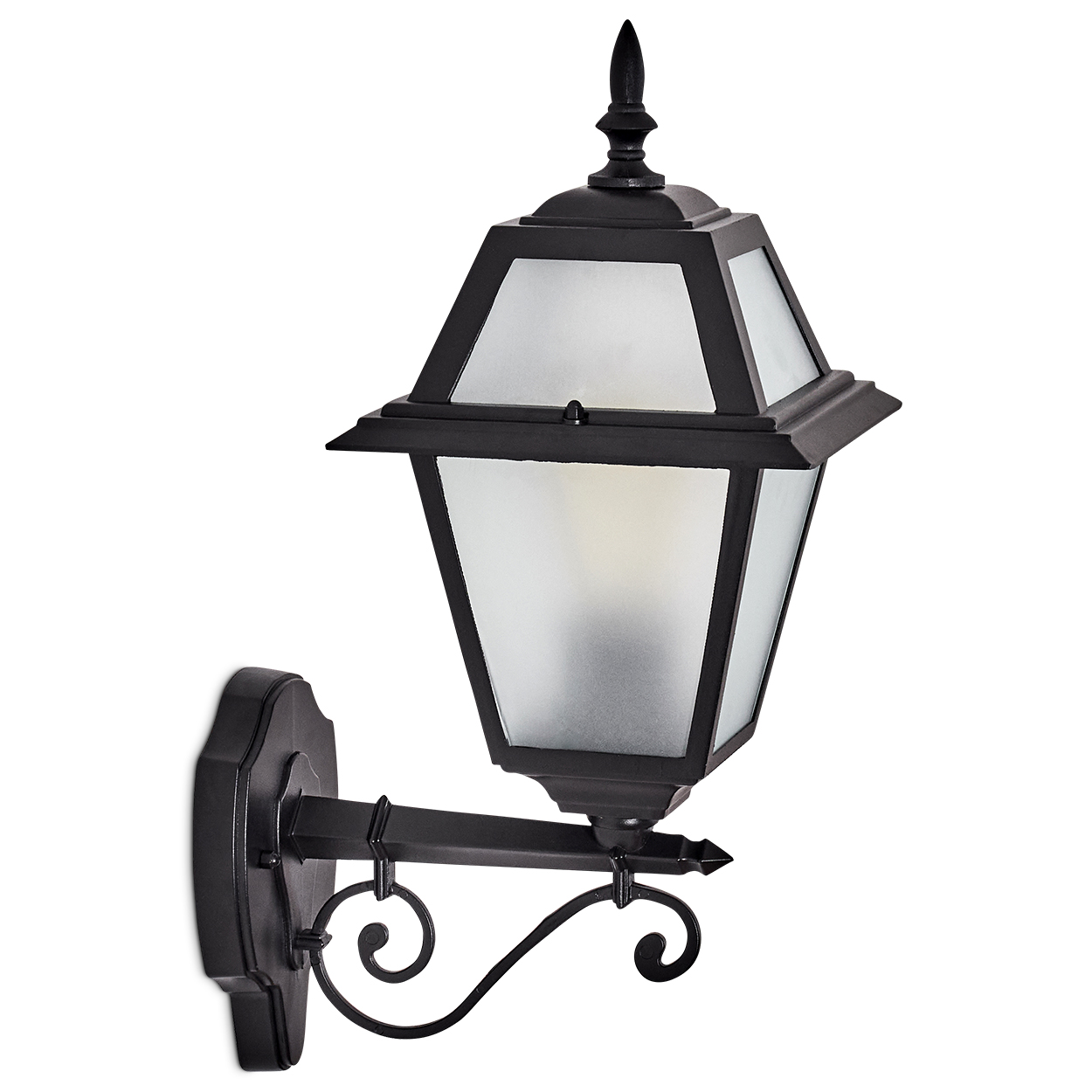 Eine schwarze Außenwandlampe. Sie hat eine Laternenform mit Milchglasscheiben und eine dekorative Halterung.