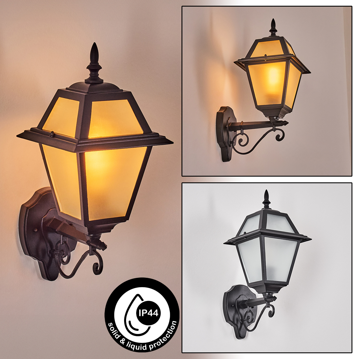 Drei Wandlampen mit schwarzen Rahmen und Milchglas. Eine leuchtet. Ein IP44-Logo weist auf Schutz vor Feststoffen und Flüssigkeiten hin.