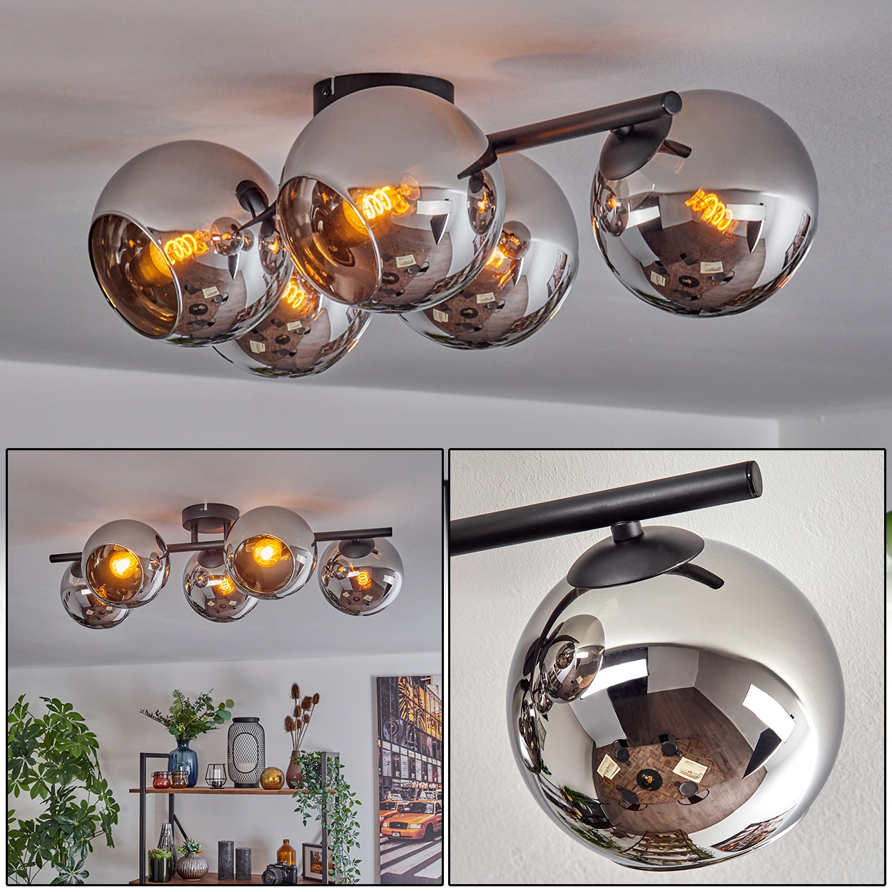 Moderne Deckenlampe mit fünf kugelförmigen Glasschirmen, die den Raum reflektieren. Schwarze Arme und Basis. Warme gelbe Glühbirnen.