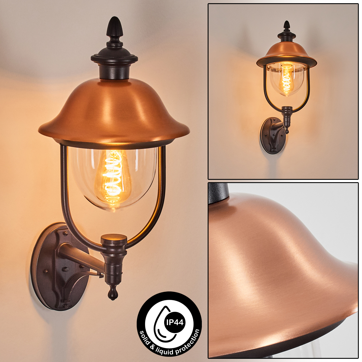 Eine kupferfarbene Außenlampe mit Glasschirm und schwarzem Rahmen ist an einer beigefarbenen Wand befestigt. Enthält eine IP44-Bewertung.