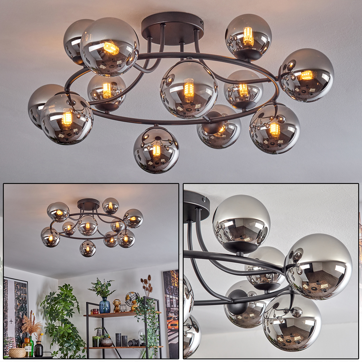 Eine moderne Deckenleuchte mit silbernen Kugeln und sichtbaren Glühbirnen. Sie ist an einem dunklen Metallrahmen montiert. Der Hintergrund ist eine weiße Decke.