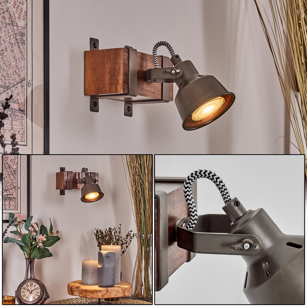 Eine Wandlampe mit Holzsockel und Metallschirm. Sie ist an einer hellgrauen Wand befestigt. Im Hintergrund befinden sich Dekorationen.
