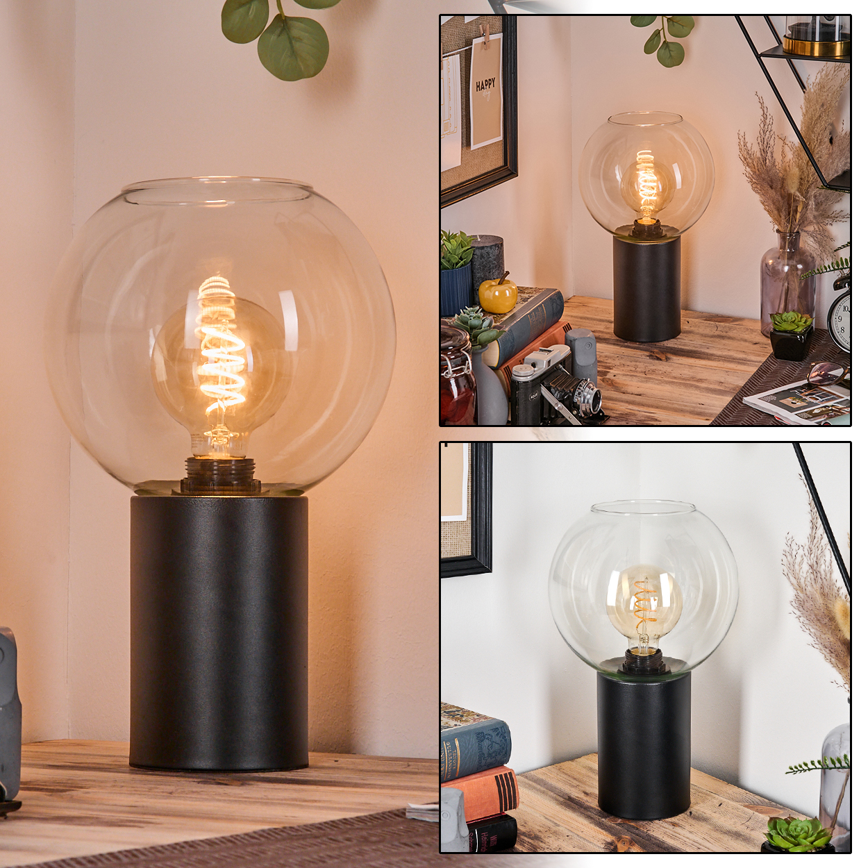 Eine moderne Lampe mit kugelförmigem Glasschirm und schwarzem Sockel. Die Glühbirne ist sichtbar. Auf Holzoberfläche mit Dekoration.