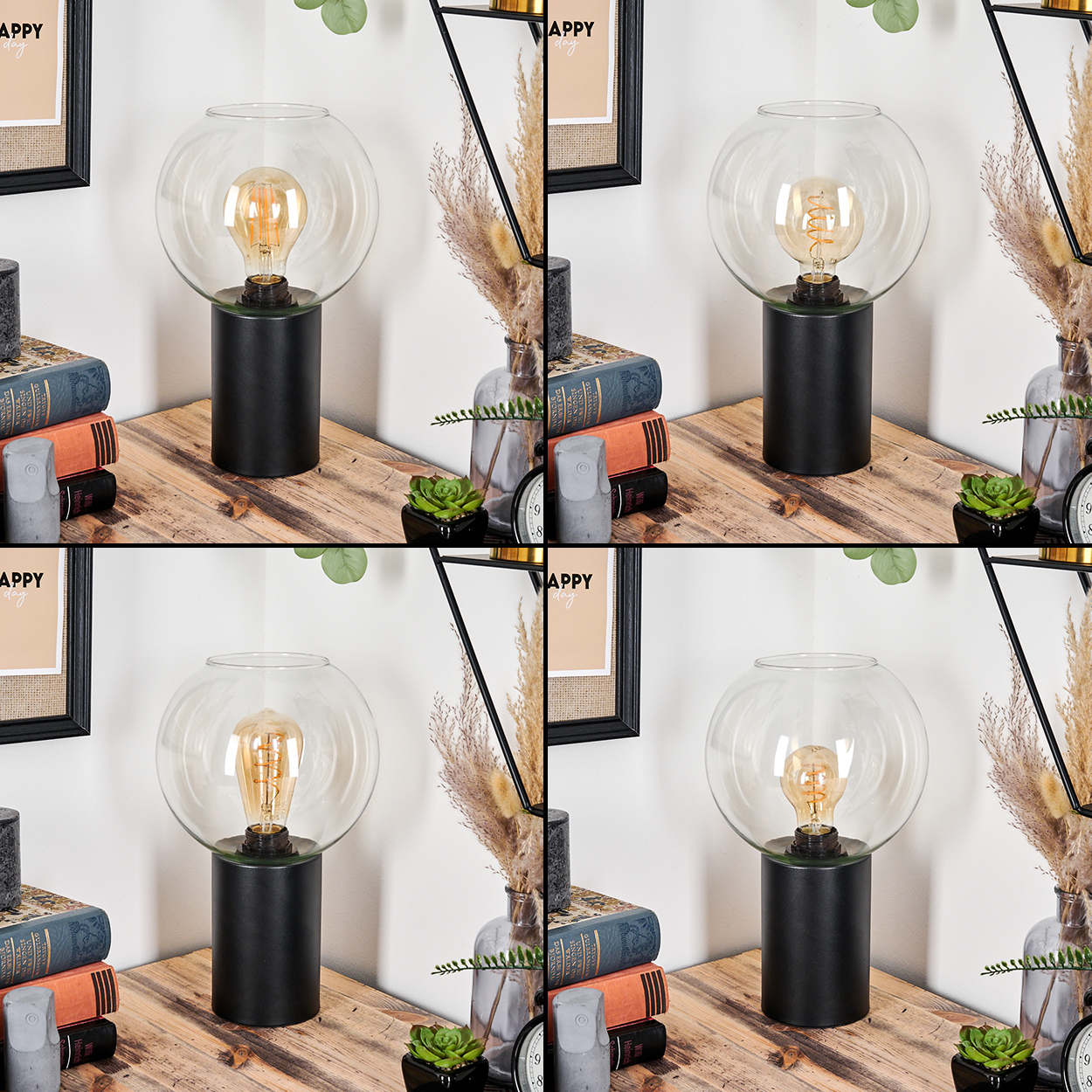 Eine moderne Lampe mit kugelförmigem Glasschirm, schwarzem Sockel und einer leuchtenden Glühbirne, auf einem Holztisch platziert.