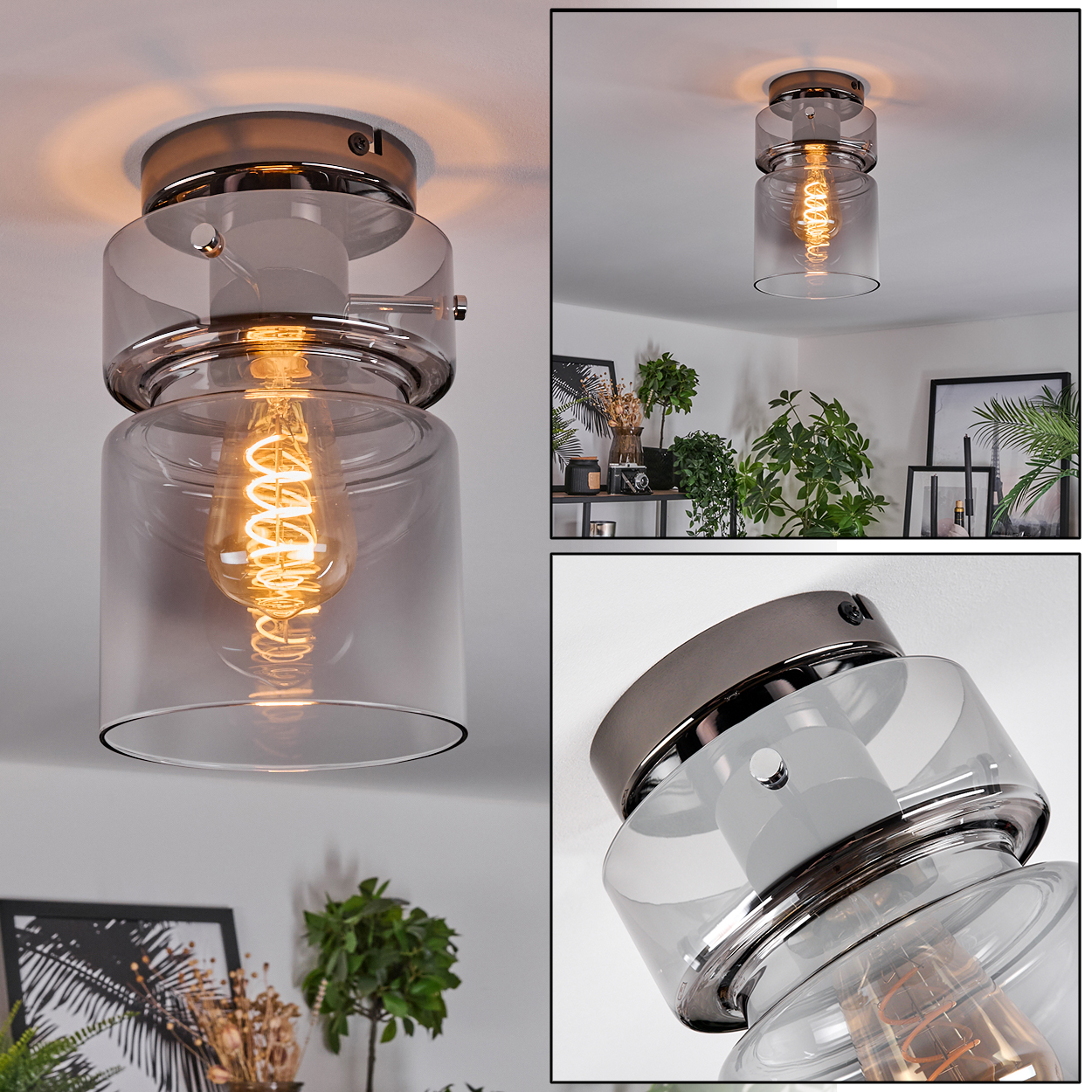 Eine moderne Deckenlampe mit zylindrischem Glasschirm und sichtbarer, warm getönter Glühbirne. Im Hintergrund Pflanzen und gerahmte Kunst.