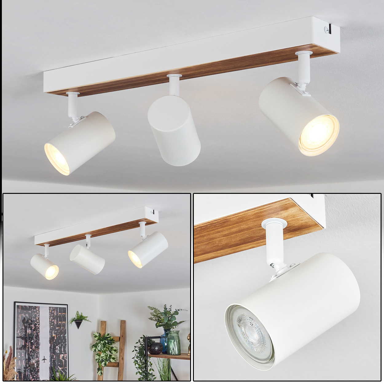Deckenstrahler mit drei weißen zylindrischen Lichtern. Holz- und weiße Halterung. Helle Lichter scheinen nach unten.