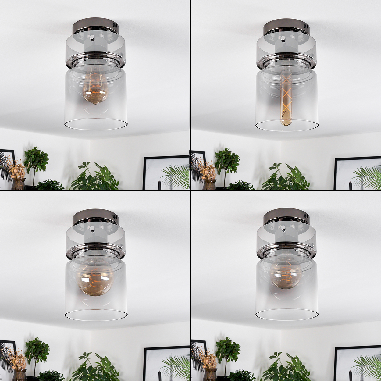 Vier Deckenleuchten mit Glasschirmen und Metallarmaturen werden gezeigt. Der Hintergrund zeigt Pflanzen und gerahmte Bilder.