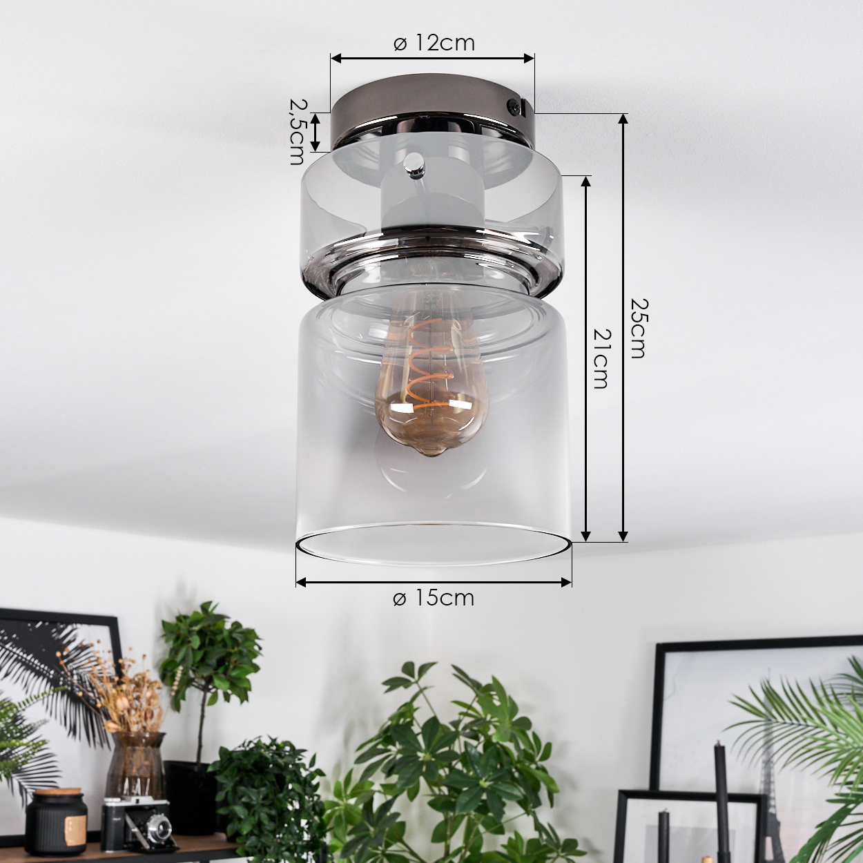 Eine moderne Deckenleuchte aus Glas mit sichtbarer Glühbirne. Abmessungen sind markiert. Pflanzen und Dekoration im unscharfen Hintergrund.