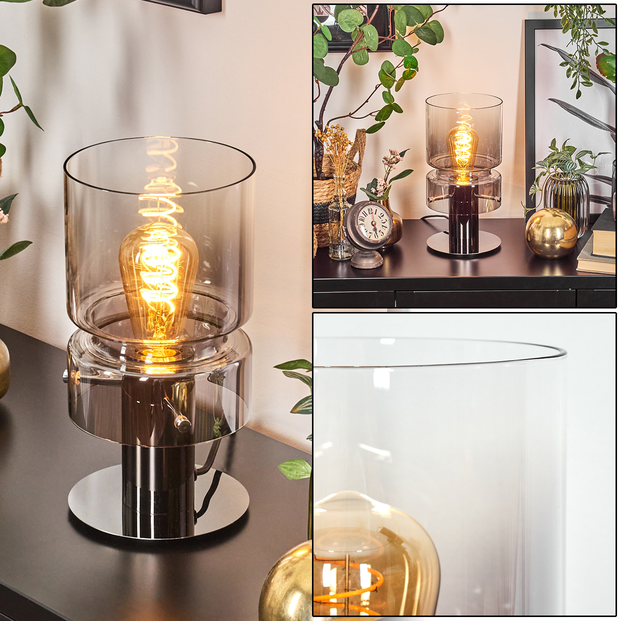 Eine moderne Tischlampe mit einer Wendelbirne in einem Glaszylinder auf einer schwarzen Oberfläche. Hintergrunddeko.