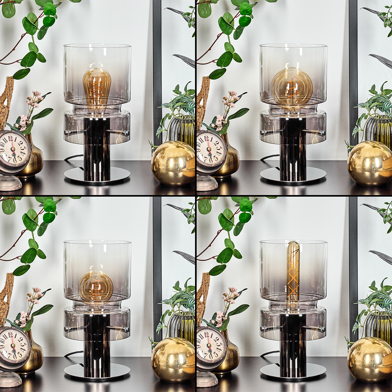 Eine moderne Lampe mit Glasschirm und sichtbarer Glühbirne. Weitere Artikel sind Uhren, Vasen und grüne Blätter.