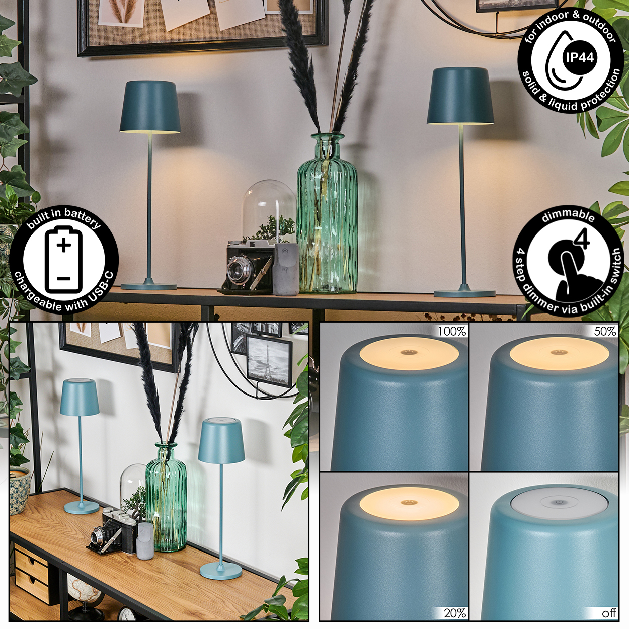 Türkisfarbene Lampen auf einem Holzregal mit Vase, Kamera und anderen Dekorationen. Lampen haben unterschiedliche Dimmstufen.