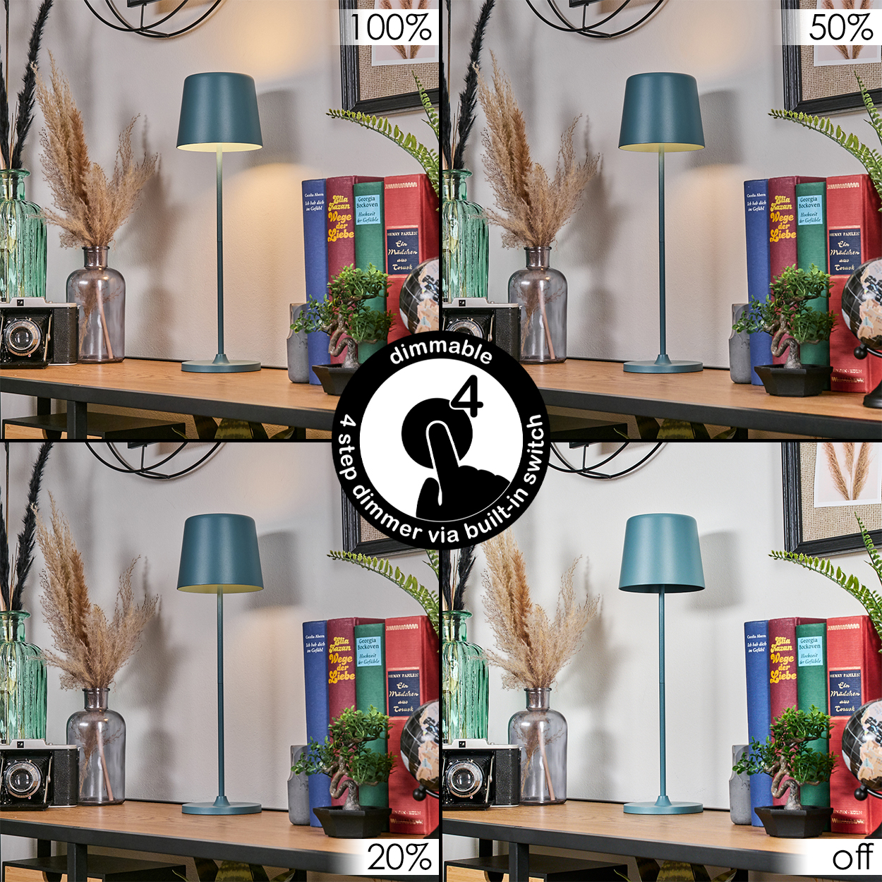 Eine teal Lampe mit 4 Dimm-Einstellungen. Sie steht auf einem Holztisch mit Büchern, Pflanzen und Vasen.