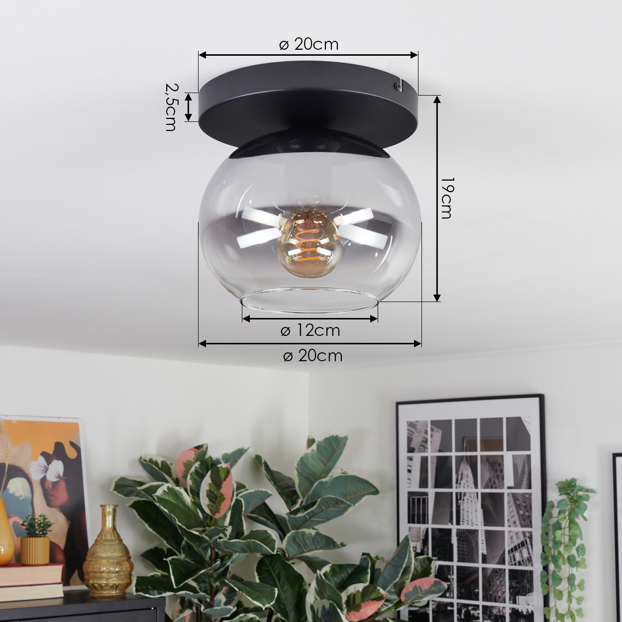 Eine moderne Deckenleuchte mit Glaskugel. Abmessungen sind angegeben. Pflanzen und Kunstwerke sind im Vordergrund sichtbar.
