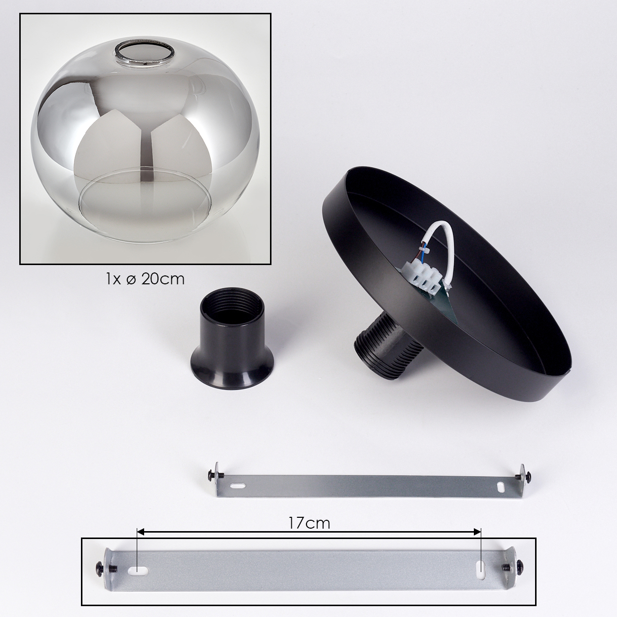 Komponenten einer Lampe: eine Chromkugel, ein schwarzer Lampenhalter, eine schwarze Montagebasis und eine 17 cm lange silberne Halterung.