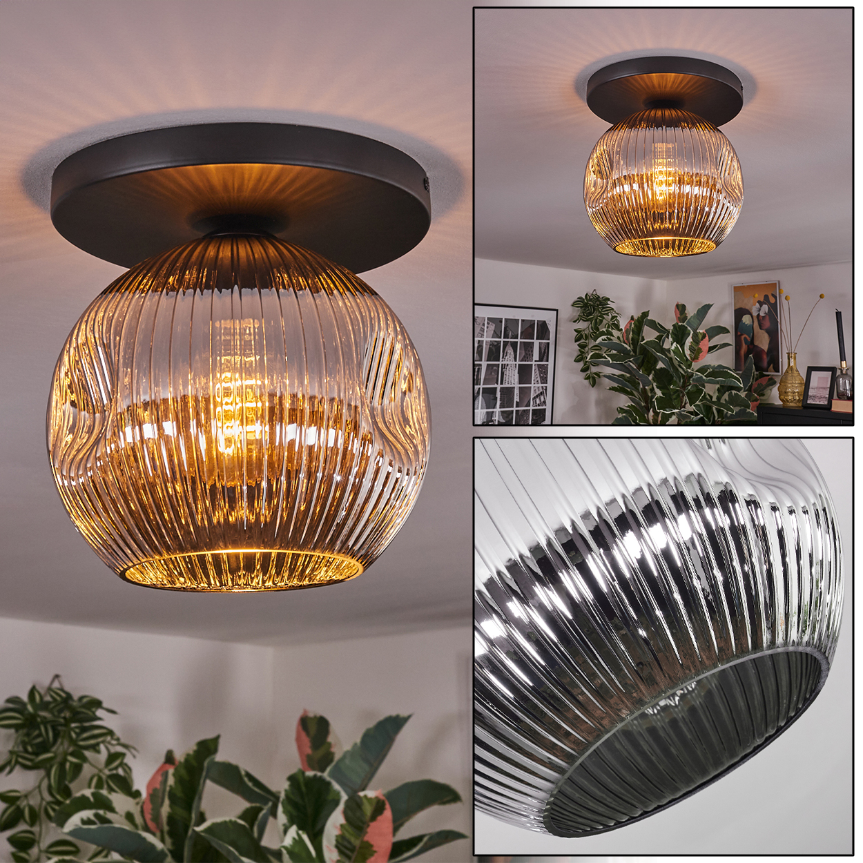 Nahaufnahme einer Deckenlampe mit geriffeltem, transparentem Glasschirm und dunklem Metallsockel, die einen Raum mit Pflanzen beleuchtet.