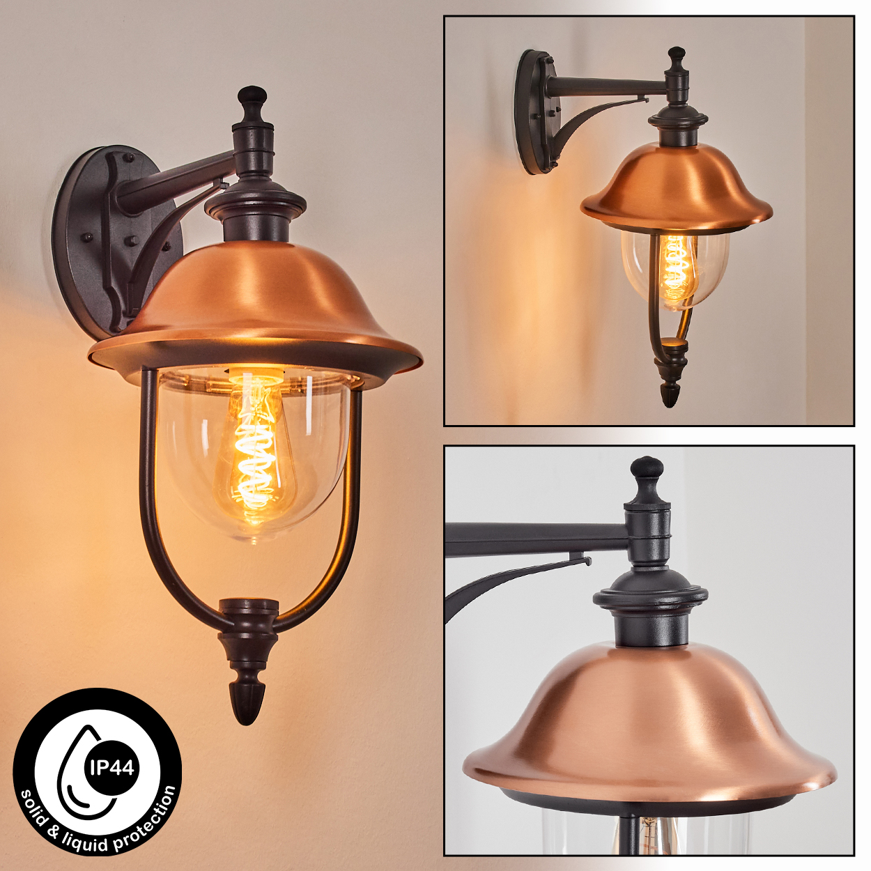 Kupfer- und schwarze Wandlampe mit Glaskugel und Glühbirne. IP44-Symbol zeigt Schutz vor Feststoffen und Flüssigkeiten.