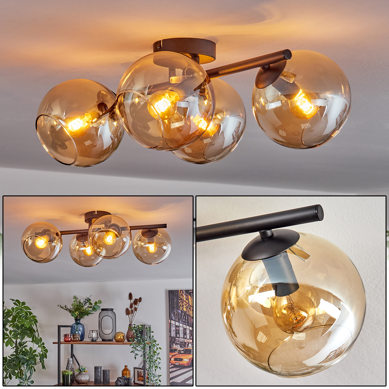 Eine moderne Deckenlampe mit vier bernsteinfarbenen Glaskugeln, schwarzen Armen und freiliegenden Glühbirnen. Der Hintergrund ist eine weiße Decke.