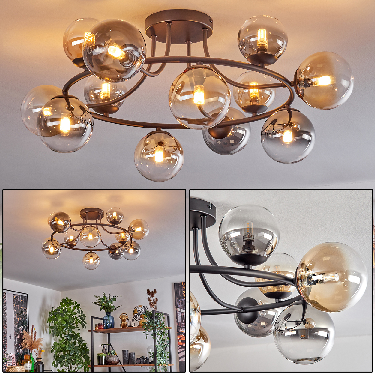 Eine moderne Deckenleuchte mit vielen kugelförmigen Glasschirmen. Die Leuchte hat ein dunkles Metallgestell und ist an einer weißen Decke montiert.
