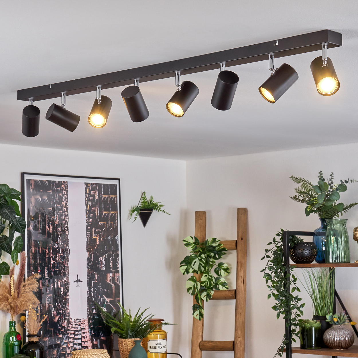 Deckenstrahler beleuchten einen Raum mit Pflanzen, Kunstwerken und einer Leiter. Schwarze Strahler hängen von einer dunklen Stange an der Decke.