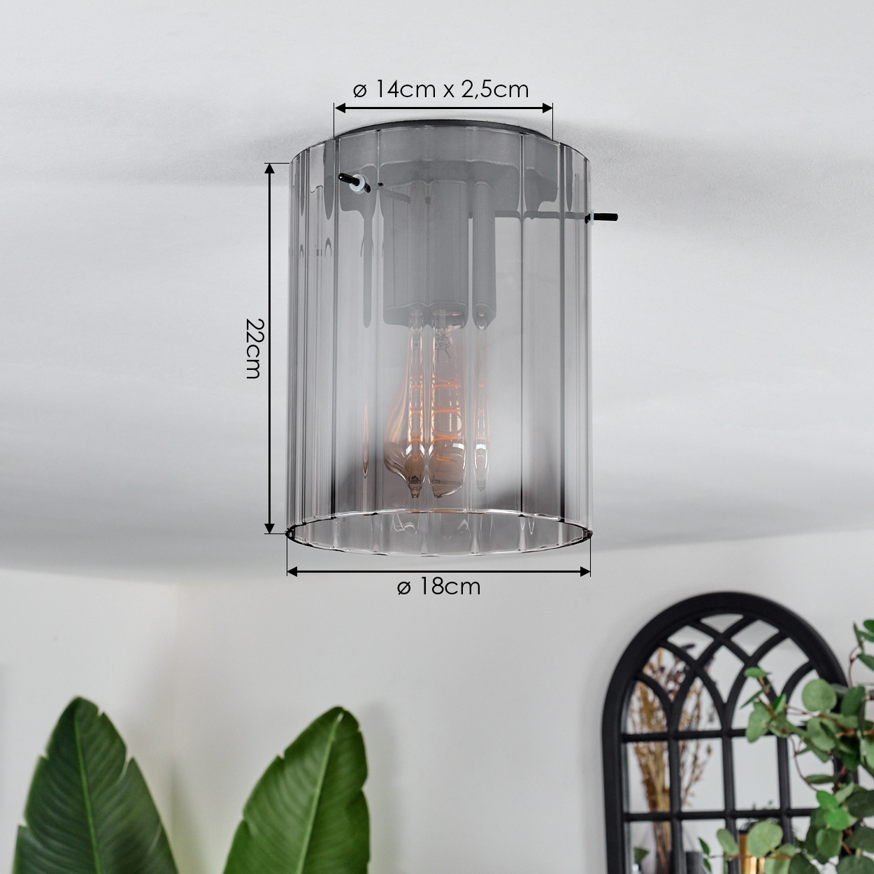 Eine graue Glas-Hängeleuchte mit Maßen. Darunter befinden sich Pflanzen und ein dekorativer Spiegel.