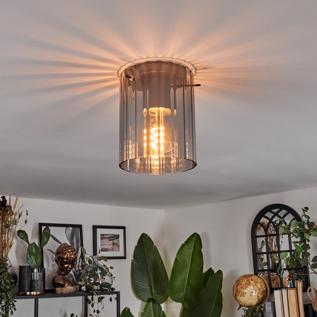 Moderne Deckenleuchte mit Glasschirm und sichtbarer Edison-Glühbirne. Der Raum ist mit Pflanzen und Kunst dekoriert.
