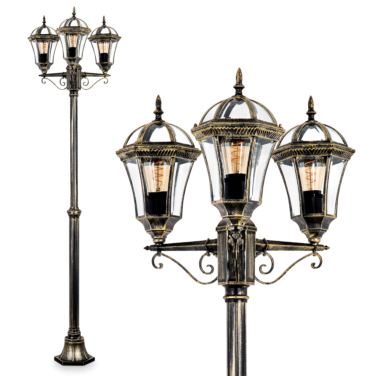 Eine verzierte bronzefarbene Straßenlaterne mit drei glaseingeschlossenen Lichtern. Der Hintergrund ist weiß.