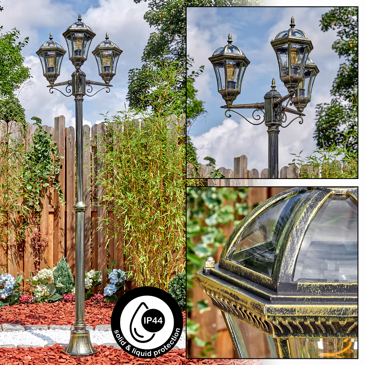 Eine dekorative Außenlaterne mit drei Laternen. Sie befindet sich in einem Garten, umgeben von Bambus, Blumen und einem Holzzaun.